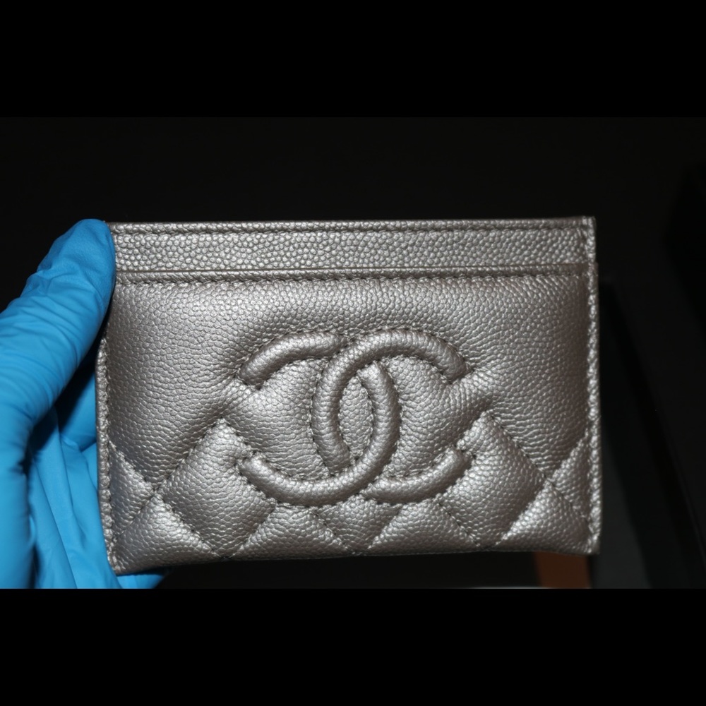 Silver Chanel Caviar Card Holder